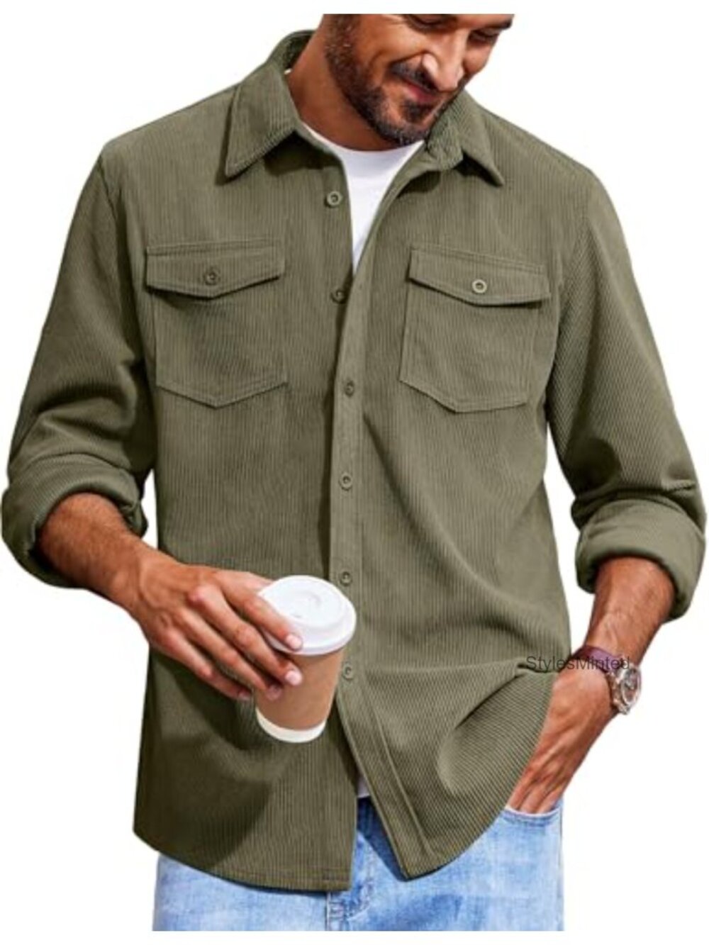 Men's Corduroy Button Down Shirt Jacket Casual Long Sleeve Shacket Flap Pockets